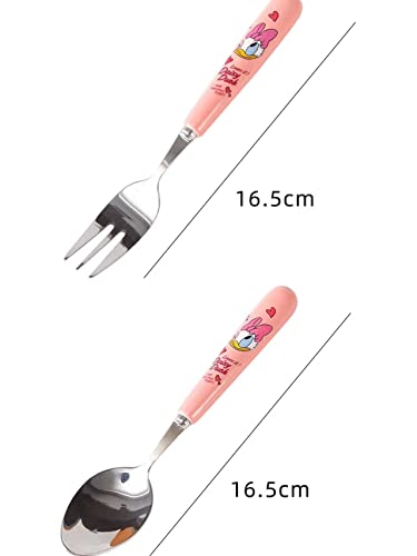 Meet Beauty Ding 1Set Stainless Steel Minnie Spoon Fork Set Pink Kid's Flatware with A Container Girl Children's Tableware Female Student's Cartoon Dinnerware Meal Tool（Made in China