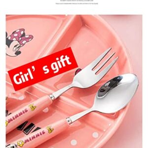 Meet Beauty Ding 1Set Stainless Steel Minnie Spoon Fork Set Pink Kid's Flatware with A Container Girl Children's Tableware Female Student's Cartoon Dinnerware Meal Tool（Made in China