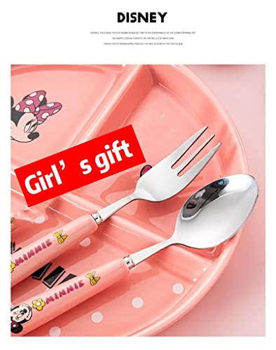 Meet Beauty Ding 1Set Stainless Steel Minnie Spoon Fork Set Pink Kid's Flatware with A Container Girl Children's Tableware Female Student's Cartoon Dinnerware Meal Tool（Made in China