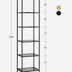 VASAGLE Bookcase, 6-Tier Bookshelf, Slim Shelving Unit for Bedroom, Bathroom, Home Office, Tempered Glass, Steel Frame, Black and Gray ULGT500G01