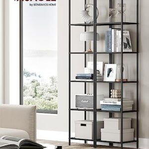 VASAGLE Bookcase, 6-Tier Bookshelf, Slim Shelving Unit for Bedroom, Bathroom, Home Office, Tempered Glass, Steel Frame, Black and Gray ULGT500G01
