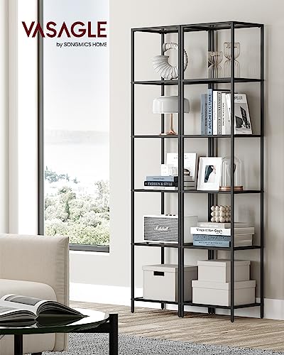 VASAGLE Bookcase, 6-Tier Bookshelf, Slim Shelving Unit for Bedroom, Bathroom, Home Office, Tempered Glass, Steel Frame, Black and Gray ULGT500G01