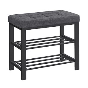 songmics shoe bench, 3-tier shoe rack for entryway, storage organizer with foam padded seat, linen, metal frame, for living room, hallway, 12.2 x 23.6 x 19.3 inches, dark gray and black ulbs576b33