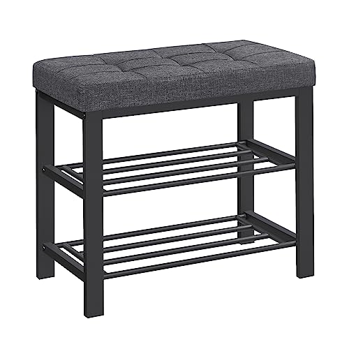 SONGMICS Shoe Bench, 3-Tier Shoe Rack for Entryway, Storage Organizer with Foam Padded Seat, Linen, Metal Frame, for Living Room, Hallway, 12.2 x 23.6 x 19.3 Inches, Dark Gray and Black ULBS576B33