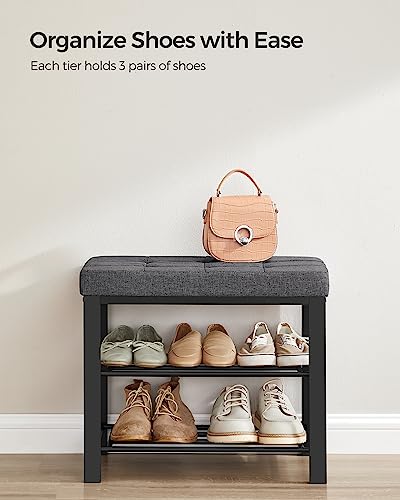 SONGMICS Shoe Bench, 3-Tier Shoe Rack for Entryway, Storage Organizer with Foam Padded Seat, Linen, Metal Frame, for Living Room, Hallway, 12.2 x 23.6 x 19.3 Inches, Dark Gray and Black ULBS576B33