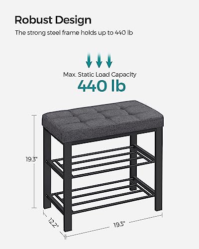 SONGMICS Shoe Bench, 3-Tier Shoe Rack for Entryway, Storage Organizer with Foam Padded Seat, Linen, Metal Frame, for Living Room, Hallway, 12.2 x 23.6 x 19.3 Inches, Dark Gray and Black ULBS576B33