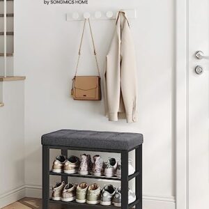 SONGMICS Shoe Bench, 3-Tier Shoe Rack for Entryway, Storage Organizer with Foam Padded Seat, Linen, Metal Frame, for Living Room, Hallway, 12.2 x 23.6 x 19.3 Inches, Dark Gray and Black ULBS576B33