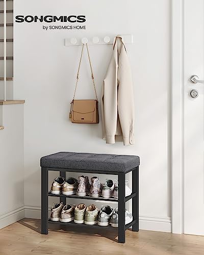 SONGMICS Shoe Bench, 3-Tier Shoe Rack for Entryway, Storage Organizer with Foam Padded Seat, Linen, Metal Frame, for Living Room, Hallway, 12.2 x 23.6 x 19.3 Inches, Dark Gray and Black ULBS576B33