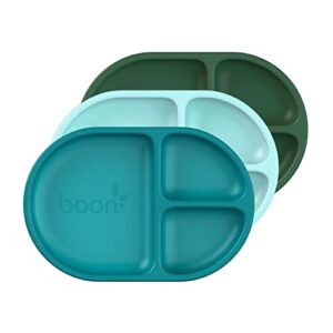 boon chow silicone plate set - 3 unbreakable divided toddler plates - baby plates for 6 months and up - baby led weaning supplies - blue multicolor