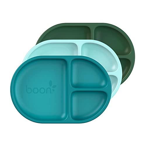 Boon Chow Silicone Plate Set - 3 Unbreakable Divided Toddler Plates - Baby Plates for 6 Months and Up - Baby Led Weaning Supplies - Blue Multicolor