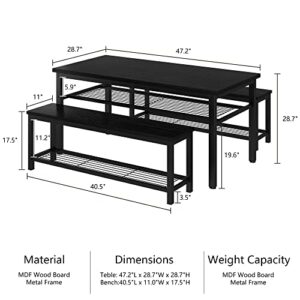 Lamerge Kitchen Table and Chairs for 4, Dining Set with Storage Shelf, Kicthen & Dining Table with 2 Benches, Dining Room Table Set of 47.2 x 28.7 x 28.7 inches, Black