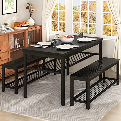 Lamerge Kitchen Table and Chairs for 4, Dining Set with Storage Shelf, Kicthen & Dining Table with 2 Benches, Dining Room Table Set of 47.2 x 28.7 x 28.7 inches, Black