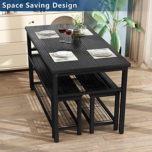 Lamerge Kitchen Table and Chairs for 4, Dining Set with Storage Shelf, Kicthen & Dining Table with 2 Benches, Dining Room Table Set of 47.2 x 28.7 x 28.7 inches, Black