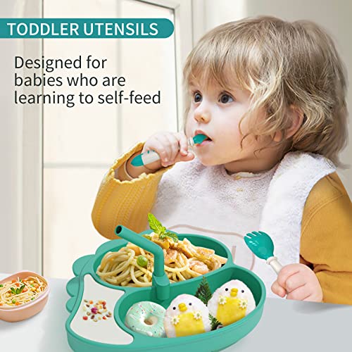 Deejoy Baby Feeding Set, Toddler eating Utensil set with Spoon Fork and Removable Straw for Self Feeding, Baby Led Weaning Utensils Microwave & Dishwasher Safe - Green
