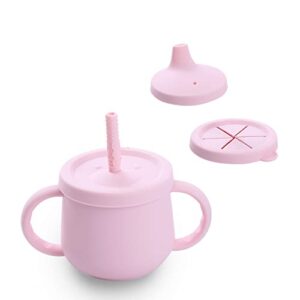 teanpoon 3-in-1 silicone baby cup with straw & snack cup lid, spill-proof sippy cup for toddlers 12m+, 8.5oz capacity(pink)
