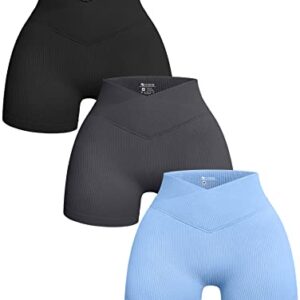 OQQ Women's 3 Piece Yoga Ribbed Seamless Workout High Waist Cross Over Athletic Legging Shorts, Black Grey Candyblue, Large