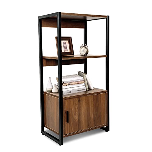 Babion 3-Tier Bookshelf, Industrial Bookshelf and Bookcase with Doors, Standing Storage Cabinet, Bookshelf Display Shelf, Wood and Metal Storage Shelf for Bedroom, Home Office, Entryway, Brown