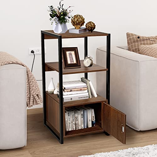 Babion 3-Tier Bookshelf, Industrial Bookshelf and Bookcase with Doors, Standing Storage Cabinet, Bookshelf Display Shelf, Wood and Metal Storage Shelf for Bedroom, Home Office, Entryway, Brown