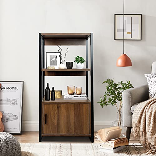 Babion 3-Tier Bookshelf, Industrial Bookshelf and Bookcase with Doors, Standing Storage Cabinet, Bookshelf Display Shelf, Wood and Metal Storage Shelf for Bedroom, Home Office, Entryway, Brown