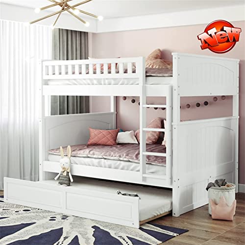 SNIFIT Stronger & Upgraded Version Solid Wood Full Over Full Bunk Bed with Trundle, Thickened More Stable Safer Full Size Bunk Bed Frame with Trundle and Reinforced Ladder, Easier to Assemble (White)