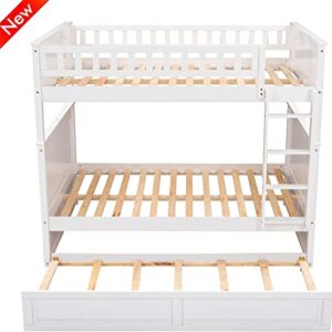 SNIFIT Stronger & Upgraded Version Solid Wood Full Over Full Bunk Bed with Trundle, Thickened More Stable Safer Full Size Bunk Bed Frame with Trundle and Reinforced Ladder, Easier to Assemble (White)