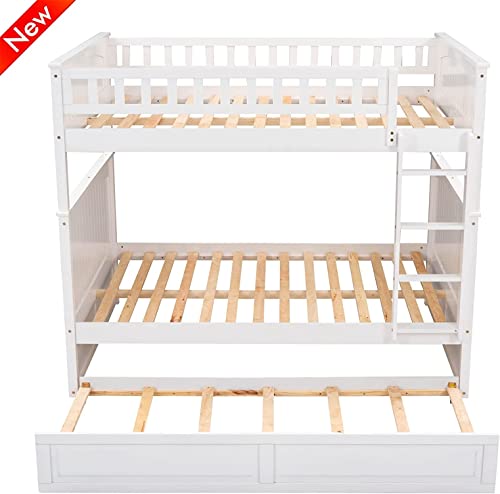 SNIFIT Stronger & Upgraded Version Solid Wood Full Over Full Bunk Bed with Trundle, Thickened More Stable Safer Full Size Bunk Bed Frame with Trundle and Reinforced Ladder, Easier to Assemble (White)