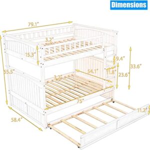 SNIFIT Stronger & Upgraded Version Solid Wood Full Over Full Bunk Bed with Trundle, Thickened More Stable Safer Full Size Bunk Bed Frame with Trundle and Reinforced Ladder, Easier to Assemble (White)