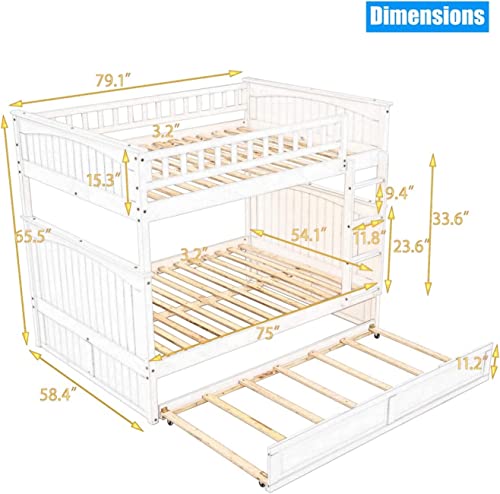 SNIFIT Stronger & Upgraded Version Solid Wood Full Over Full Bunk Bed with Trundle, Thickened More Stable Safer Full Size Bunk Bed Frame with Trundle and Reinforced Ladder, Easier to Assemble (White)