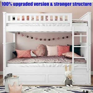 SNIFIT Stronger & Upgraded Version Solid Wood Full Over Full Bunk Bed with Trundle, Thickened More Stable Safer Full Size Bunk Bed Frame with Trundle and Reinforced Ladder, Easier to Assemble (White)