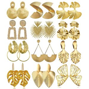 12 pairs gold silver geometric earrings exaggerated statement earrings punk stylish sectored twisted earring jewelry for women and girls (gold)