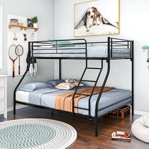 lostcat twin over full metal bunk bed,heavy duty bunk beds frame w/enhanced upper-level guardrail and ladders suitable for kids/teen/adults,no box spring needed,easy assembly,black