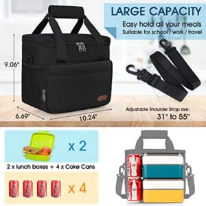 Dakuly Insulated Lunch Bag for Men Reusable Lunch Box for Men Women Lunchbox for Work Office Picnic 12-Can (10L) Leakproof Lunch Cooler Bag for Adults with Adjustable Shoulder Strap, Black