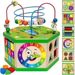 v-opitos learning toys for toddler 1, 2, 3 years old, 7 in 1 wooden activity cube, montessori early educational toys for baby, 12-18 months, ideal first birthday gifts for kids girl