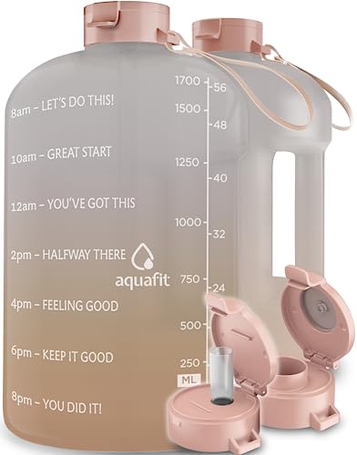 AQUAFIT Half Gallon Water Bottle With Time Marker - 64 oz Water Bottle With Straw - Gym Water Bottle With Strap - Big Water Bottle - Reusable Water Bottles With Straw - Large Water Bottle With Handle