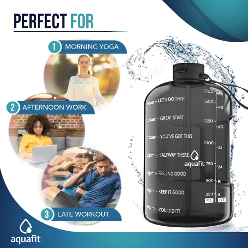 AQUAFIT Half Gallon Water Bottle With Time Marker - 64 oz Water Bottle With Straw - Gym Water Bottle With Strap - Big Water Bottle - Reusable Water Bottles With Straw - Large Water Bottle With Handle