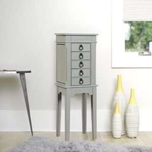 Hives and Honey Meg Jewelry Armoire - Modern Wood Storage Organizer with Necklace Hooks, 5 Drawers, and Vanity Mirror, Grey