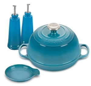 le creuset 9 1/2 in. bread oven enameled cast-iron bundle with oil & vinegar set and spoon rest - caribbean