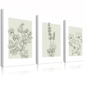 anyzal modern minimalist line flower canvas wall art 3 piece boho botanical plant simple natural floral leaf pictures wall decor for living room bathroom bedroom 12x16 in/pc ready to hang