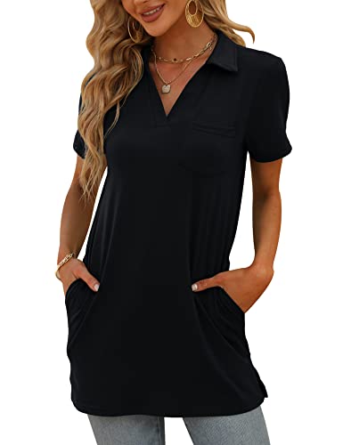 MATEAM Ladies Tops and Blouses V Neck Tops for Women Polo Shirts Womens Short Sleeve Tops Tunics Going Out Tops Black XXL