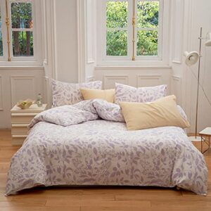 mkxi purple floral bedding queen duvet cover girls botanical bed cover white and purple print reversible comforter cover adults cotton bedroom collection