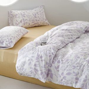 MKXI Purple Floral Bedding Queen Duvet Cover Girls Botanical Bed Cover White and Purple Print Reversible Comforter Cover Adults Cotton Bedroom Collection