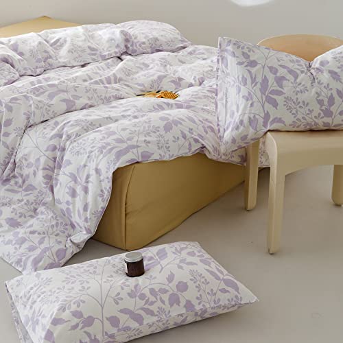 MKXI Purple Floral Bedding Queen Duvet Cover Girls Botanical Bed Cover White and Purple Print Reversible Comforter Cover Adults Cotton Bedroom Collection