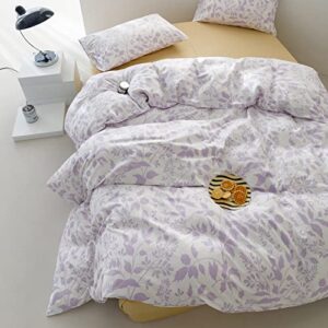 MKXI Purple Floral Bedding Queen Duvet Cover Girls Botanical Bed Cover White and Purple Print Reversible Comforter Cover Adults Cotton Bedroom Collection