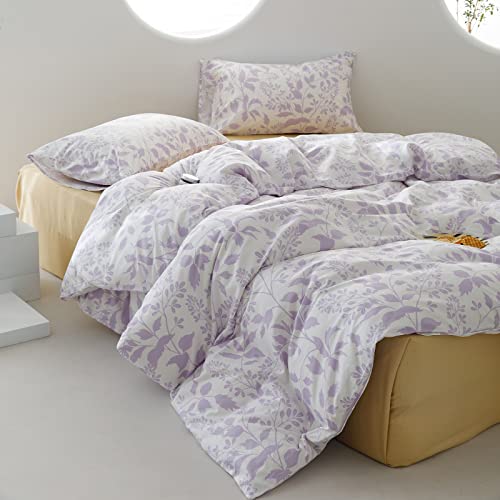 MKXI Purple Floral Bedding Queen Duvet Cover Girls Botanical Bed Cover White and Purple Print Reversible Comforter Cover Adults Cotton Bedroom Collection