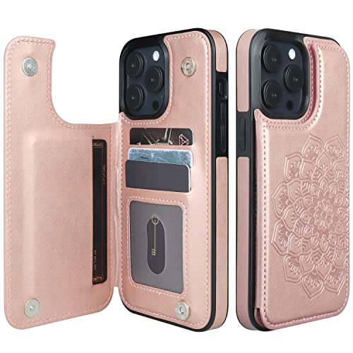 Nvollnoe for iPhone 13 Pro Max Case with Card Holder Heavy Duty Protective Durable Leather RFID Blocking Shockproof Slim Credit Card Slot Wallet Case for iPhone 13 Pro Max for Women&Girls(Rose)