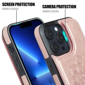 Nvollnoe for iPhone 13 Pro Max Case with Card Holder Heavy Duty Protective Durable Leather RFID Blocking Shockproof Slim Credit Card Slot Wallet Case for iPhone 13 Pro Max for Women&Girls(Rose)