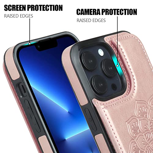 Nvollnoe for iPhone 13 Pro Max Case with Card Holder Heavy Duty Protective Durable Leather RFID Blocking Shockproof Slim Credit Card Slot Wallet Case for iPhone 13 Pro Max for Women&Girls(Rose)