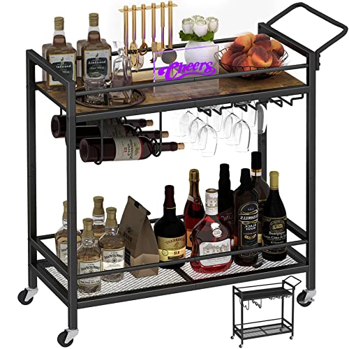 LAATOOREE Bar Cart, Home Bar Serving Cart, Mobile Drink Beverage Cart with Two-Color Top Shelf, Rolling Kitchen Cart with Wine Holder and Glass Holder, for Dinning Room, Living Room, Kitchen