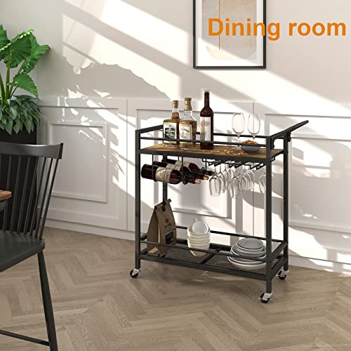 LAATOOREE Bar Cart, Home Bar Serving Cart, Mobile Drink Beverage Cart with Two-Color Top Shelf, Rolling Kitchen Cart with Wine Holder and Glass Holder, for Dinning Room, Living Room, Kitchen