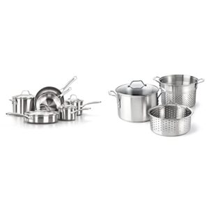 calphalon 10-piece pots and pans set, stainless steel kitchen cookware with stay-cool handles and pour spouts, dishwasher safe, silver & classic stainless steel 8 quart stock pot